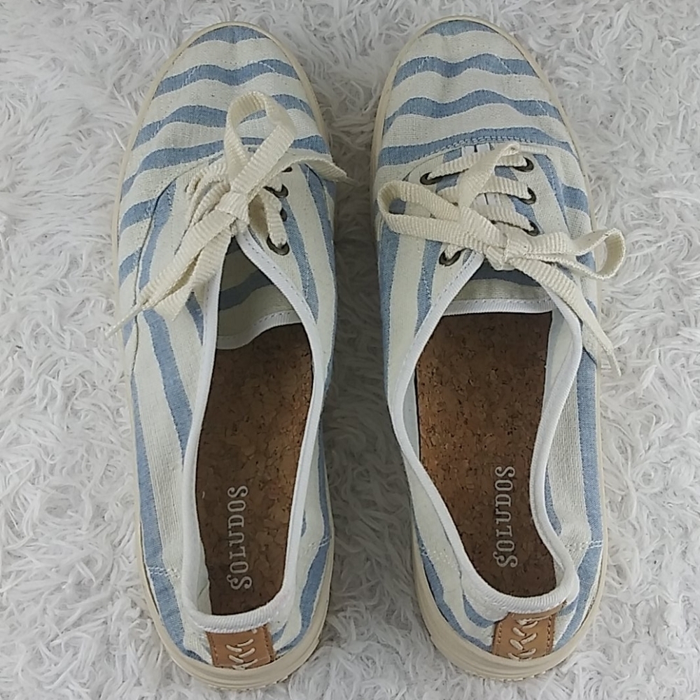 Soludos Blue Striped Fabric Upper Almond Toe Lace Up Low Top Platform Sneaker - Picture 4 of 15